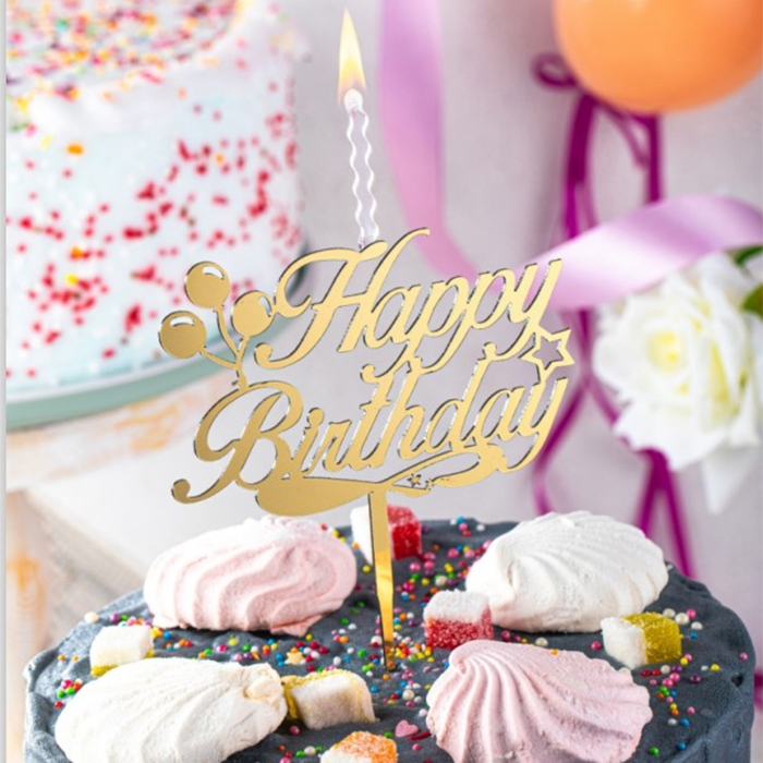 Свеча-топпер для торта золотая «Happy Birthday» арт.6504